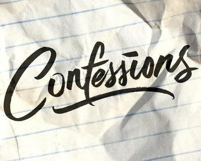 Confessions" scripted on crumpled lined paper.